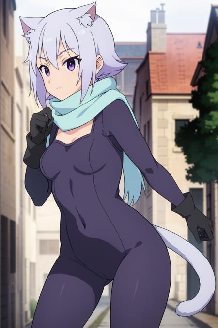 Chris 
<lora:ChrisV1:0.7>
1girl, solo, purple eyes, scarf, scar, catsuit, nekomimi, cat tail