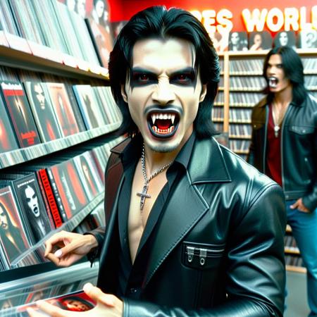 Vampyfangs1. a film still photo. 35mm. 4k. From a 2003 movie. A Mexican vampire man is showing off his fangs, he is walking around a record store. Looking at an album.