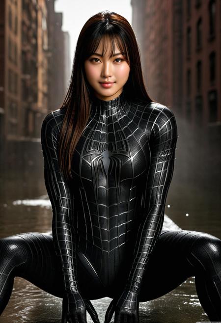 score_9, score_8_up, score_7_up, best quality, realistic, masterpiece, beautiful detail, hyperrealistic, woman ((1girl, woman body, big breasts)), amazing detailed full body portrait of a beautiful japanese girl, wearing a realistic and highly detailed black raimi spider-man suit, ((huge muscular girl)), professional model wears ultra - detailed black raimi spider - man suit, ultra - detailed and grained black raimi spiderman suit, suit covered entire body and hand, black spiderman gloves, wet, (cute hand pose, sitting pose, smile), (full body), (dirty skin), close up, octane render, highly detailed, volumetric, dramatic lighting, (highest quality:1.1), (HDR:1.3), (top quality, best quality), realistic, high definition,