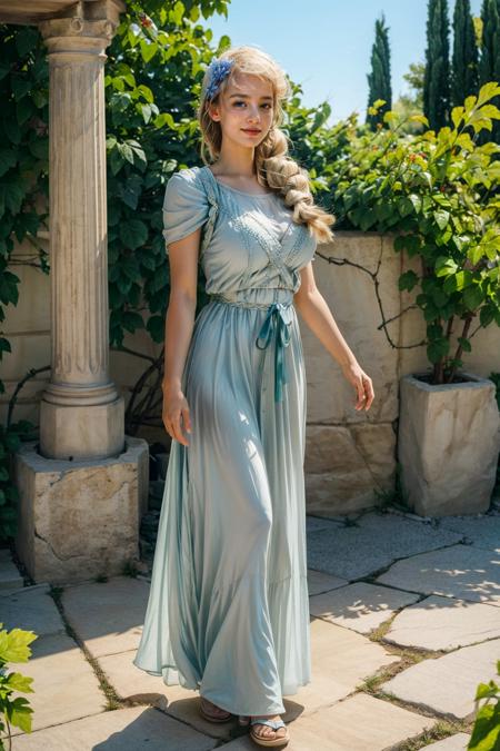(masterpiece:1.2), (photorealistic:1.1), (best quality),((realistic:1.3)), (detailed skin:1.3), (intricate details), dramatic, ray tracing, finely detailed, quality, realistic lighting, huge  breasts, 1girl, Persephone, Greek clothes, Greece, angelic, happy expression, hair flower, mature woman, full body, looking at viewer, (outdoors, dynamic pose)  <lora:epiNoiseoffset_v2:0.8> <lora:add_detail:0.8>   <lora:persephone-nvwls-v1_Hades:1>, sunlight, sunrays, marble columns, grape vines,
