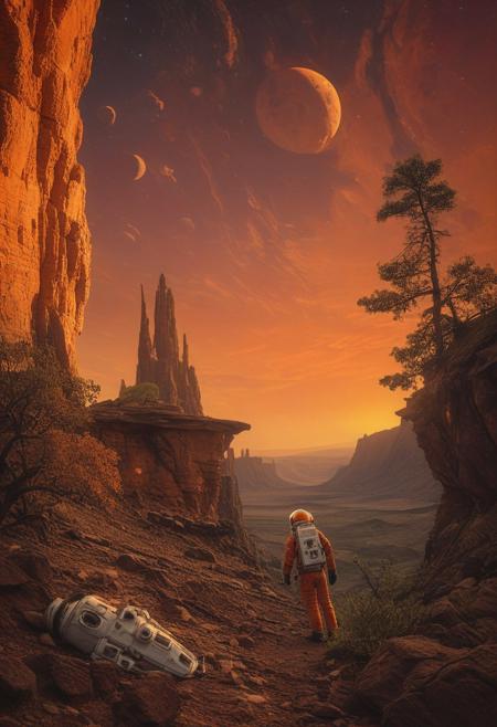 A lone astronaut stands centered in the image, at the edge of a dense alien world, framed by rugged landscape as sun sets in front of him, casting warm orange glow on rustic terrain. His peaceful demeanor contrasts with the vastness of diverse trees and rocks stretching out in every direction. He gazes out at breathtaking scenery, rock cliff at his side,
masterpiece,absurdres,photorealistic,best quality