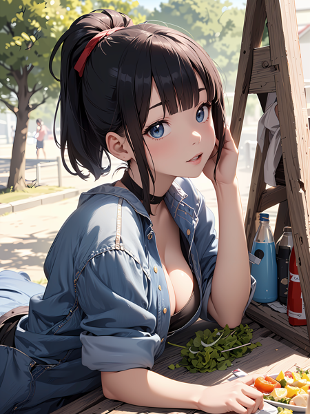 (anime,8k,masterpiece, top quality, best quality,perfect shadow,perfect light,beautiful and aesthetic:1.2,professional illustrasion:1.1,ultra detail:1.3),from below,(girl),(Three kingdoms female warload),(highly detailed beautiful face and eyes,large breasts,firm breasts),oily skin,((black,hair,short bob with short pony tail hair)),cute,lovely,take lunch,picnic,outdoor,kirakira,look at viewer,