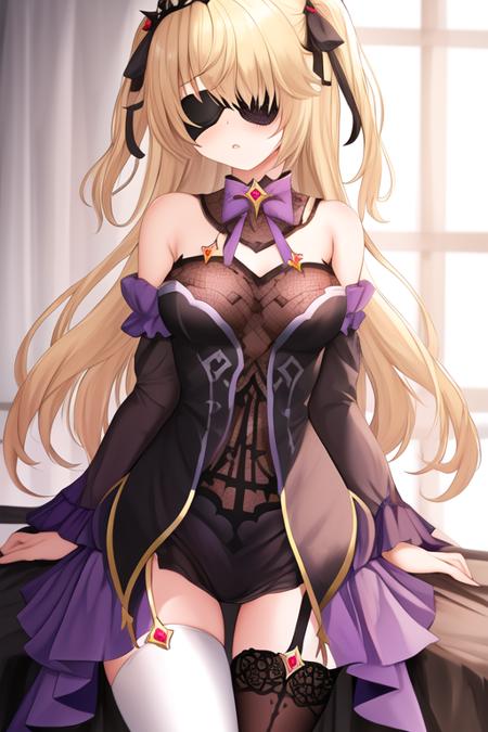 masterpiece, best quality, highres, solo, {fischl_genshin:1.10}, blonde_hair, long_hair, eyepatch, bangs, breasts, green_eyes, two_side_up, hair_over_one_eye, ribbon, hair_ribbon, blush, bow, medium_breasts, single_thighhigh, small_breasts, 1girl, bare_shoulders, detached_sleeves, dress, official_alternate_costume, purple_dress, thighhighs, tiara, frills, looking_at_viewer, red_eyes, white_thighhighs, long_sleeves