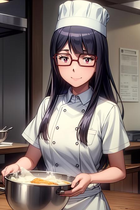 (RAW photo, best quality), masterpiece, an extremely delicate and beautiful, extremely detailed, 2k wallpaper, Amazing, finely detail, extremely detailed CG unity 8k wallpaper, ultra-detailed, highres, soft light, beautiful detailed anime girl, cinematic lightning, perfect anatomy, 1girl, solo, long hair, bangs, black hair, pink eyes, glasses, chef uniform, chef hat, cooking at kitchen, restaurant indoor, look at viewer, smile,  mochizuki_meiko