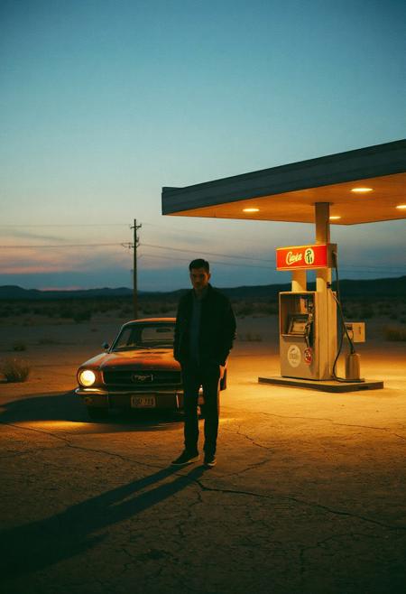 An abandoned gas station in the desert under a twilight sky, a rusted car parked beside it, headlights faintly illuminating the cracked pavement. A man stands nearby in a leather jacket, silhouetted against the fading horizon. The scene is captured in a cinematic, moody film style with heavy grain, vintage tones, and deep blue-orange contrasts. The image mimics old Fujifilm aesthetics with soft focus edges, a dreamlike haze, and warm halation around light sources. The mood is solitary and evocative—like a lost frame from a forgotten road movie, full of existential weight and emotional silence.