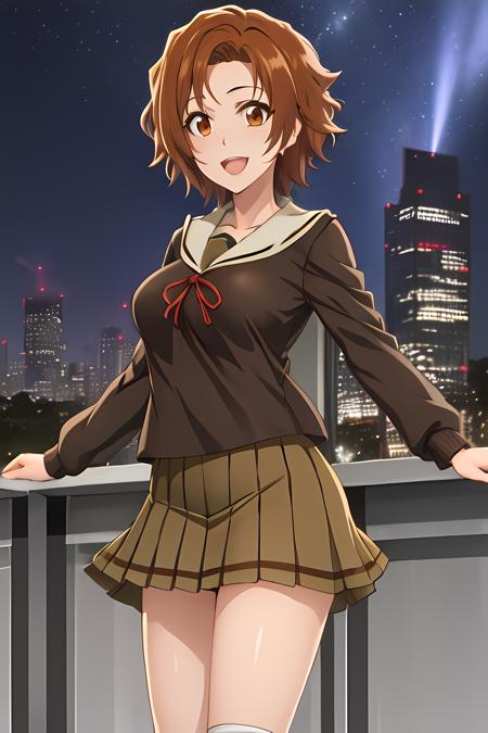 1girl, solo, short hair, skirt, brown hair, brown eyes, pleated brown skirt, brown serafuku, socks, kneehighs, <lora:masaki-000003:1>, city, evening, stars, open mouth, standing, medium breasts, smile