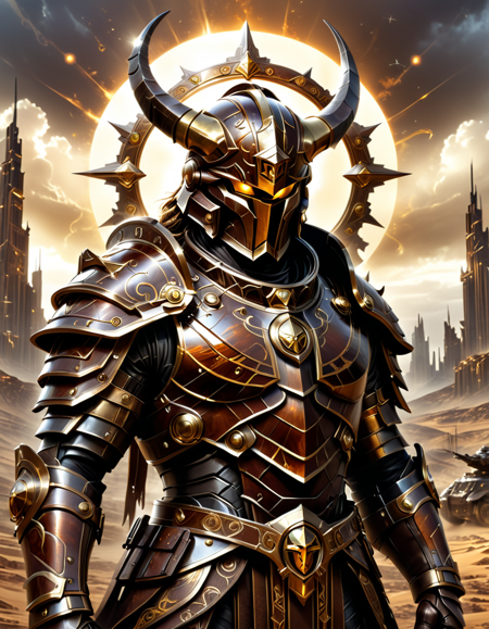 lazympos,high_quality,highres,beautiful,detailed,(masterpiece, best quality:1.2),absurdres,8k,HDR,retro,
A foreboding armored figure with glossy brown carapace-like plates accented with elegant gold trims dominates the composition,its helmet boasts a striking gold-adorned circular crest,with two prominent thick horns,and intricate symbols are etched in a halo-like formation above the crest,all set against a backdrop of dark towering structures,
<lora:EpicF4nta5yXL:0.5>,<lora:SDXLFaeTastic2400:0.3>,<lora:lazympos:1>,<lora:dvr-rst:0.8>,dvr-rst