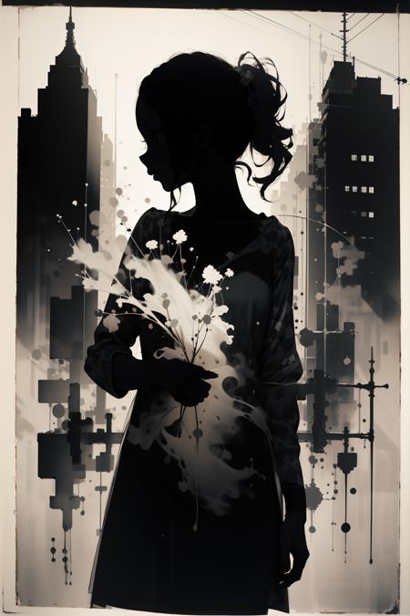 masterpiece,best quality,<lora:HBD3-000006>,heibaidiao,silhouette,shadow,city,black_background,, masterpiece,best quality,1 girl,