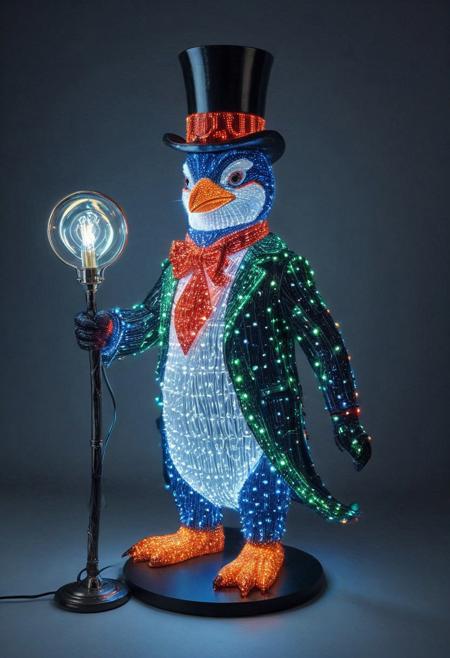embedding:lazmpos, LED, colorful LED lights, RGB lights, red green and blue penguin, art deco, top hat, cane, monocle,RetroBG