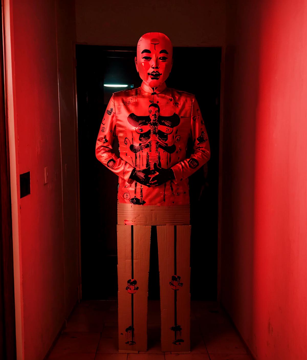 white face,blush stickers,(cardboard man),standing,solo,no humans,indoors,night,hallway,blood_trail,red theme,horror \(the...