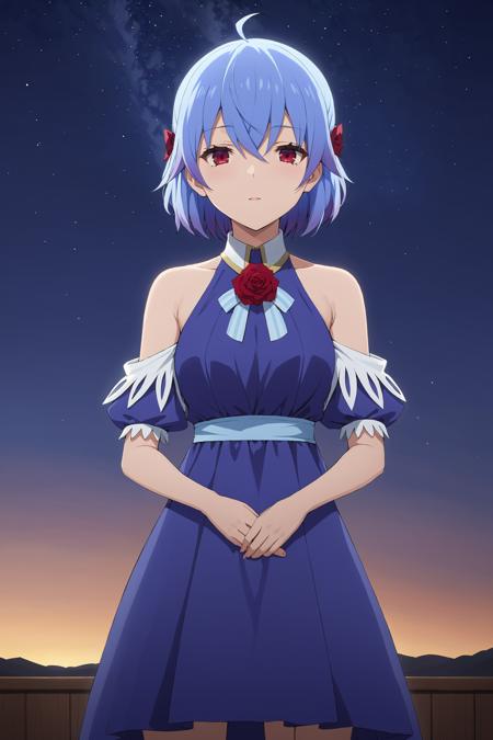 masterpiece, best quality, standing, rutiragnason, blue hair, red eyes, short hair, blue dress, sleeveless dress, red rose, detached sleeves, night sky in the background <lora:ruti-animaginexl-1-000008:0.5>