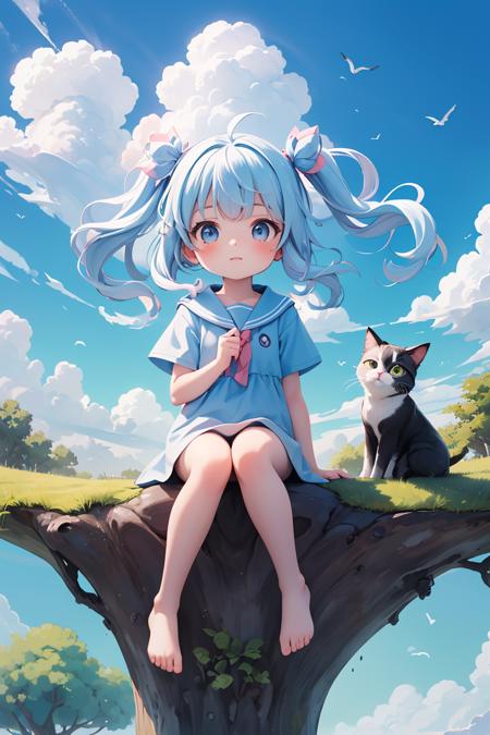 masterpiece,best quality,absurdres,A anime,little girl sitting on the hill looking at sky,chibi,with her hair blowing in clear day,with cat,(blue sky:1.25),sideway glance,young girl,cloud,endless sea,noon,summer,floating hair,cumulus clouds,forest,tree,face focus,cute,<lora:GoodHands-vanilla:1>,