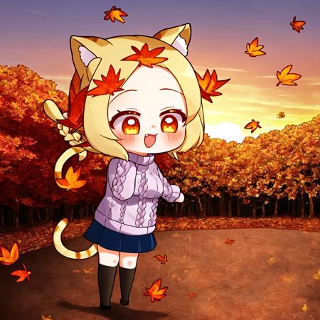 (masterpiece:1,2), best quality,none,
depth of field,backlighting,(wide_shot:1.2),(sunset:1.2),(autumn maple forest:1.3),(very few fallen leaves),(path),
1girl,slender face,seductive smile,floating hair,blonde hair,cat ears,(sweater:1.2),fashion,brown eyes,forehead,single braid,
,edgADC_fashion,(maple_tree:0.8),
 <lora:Chibi_kawai:1>