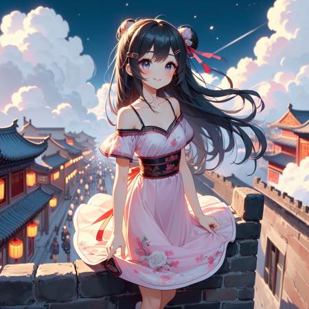 (((masterpiece))),  (((best quality))),  (((china style))),  (((crowd in busy old street))),  wind,  cloud sky,  night,  solo,  1girl,  smile,  rosy lips,  short sleeves,  off shoulders,  qipao hanfu mixed,  (((collarbone))),  ((girl stand on top floor)),  city wall,  teenager,  ribbon bunhair longhair,  hairclip,  ((petite figure)),<lora:EMS-221092-EMS:1.000000>