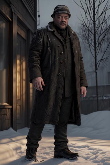 Mark1Sheppard, man outside in the snow, heavy winter jacket, hat, snowfall, beard, realistic, hyper-realistic, highly detailed, high contrast, 8k, photorealism
<lora:MarkSheppard:1>