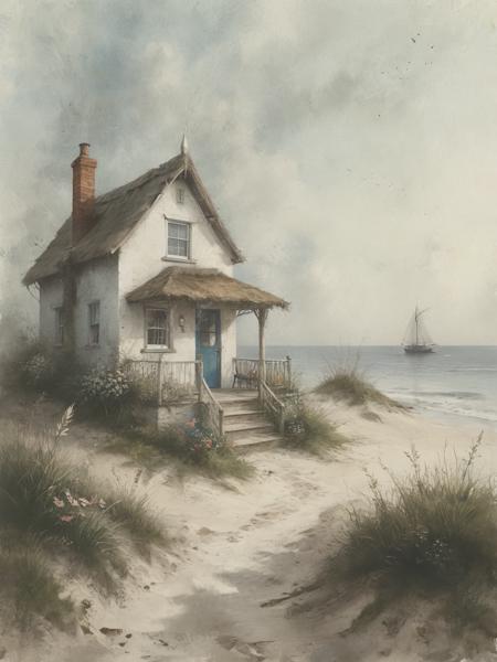A captivating illustration of a quaint little seaside house, exuding warmth and hospitality. The thatched-roof cottage, built of wooden beams, sits on a sandy shore, A cozy porch features a swing, perfect for relaxing while enjoying the sea breeze. The calm sea reflects the sky's gentle hues, and a picturesque lighthouse stands proudly in the distance, guiding ships through the night. The carefully crafted font of the guest book adds a touch of elegance, inviting visitors to leave their mark. This charming scene exudes a serene atmosphere, making it an irresistible destination for relaxation and adventure.,  illustration,  <lora:Desolation:0.6>