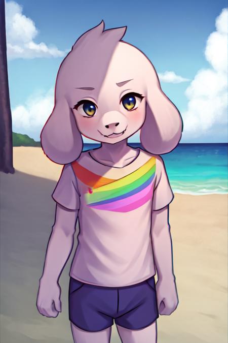 solo, 1boy, <lora:ssasriel-3:1>, summer, water, beach, anthro, rainbow t-shirt, shorts