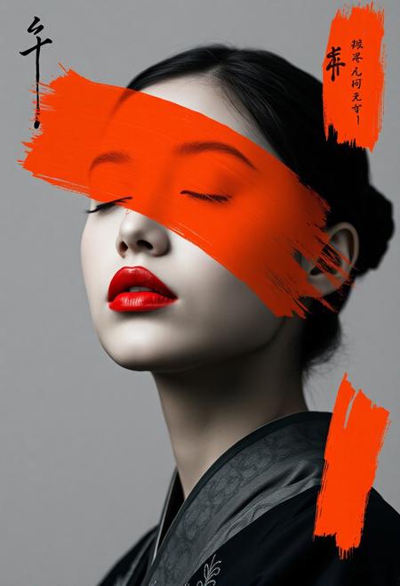 NSFW, (Soft Lighting Photography by Mimoza Veliu and Mario Giacomelli:1.2), Close-up of a woman's portrait, likely a digital composite. 
The woman's face is the central focus.  Her expression is neutral, with her eyes closed.  Large, bold strokes of orange paint are layered across her face, covering parts of her forehead, eyes, and cheeks, creating a stylized effect. Her skin tone is rendered in shades of gray and black.  Her lips are a defined, reddish-pink.
Her hair is pulled back into a bun, dark in tone. 
She wears a traditional-style garment, which is depicted in shades of gray and black.  Subtle details of the fabric, likely embroidery or patterns, are visible. 
The background is a muted, light gray tone.  Other graphic elements and paint-like brush strokes are incorporated in the image, creating an abstract effect particularly on the upper-right and at the sides, maintaining the theme of stylized, abstract shapes and colors., sexy