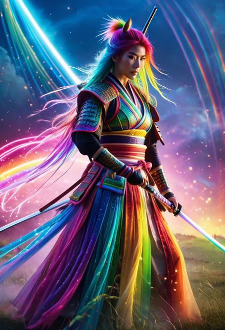 a fierce and elegant rainbow-colored female samurai, wearing ornate rainbow armor with glowing accents, flowing multicolor hair, RainbowUnicornStyle, holding a glowing katana with rainbow trails, standing in a misty battlefield lit by magical light beams, cinematic lighting, soft focus, depth of field, dramatic atmosphere, highly detailed, ethereal glow, fantasy style