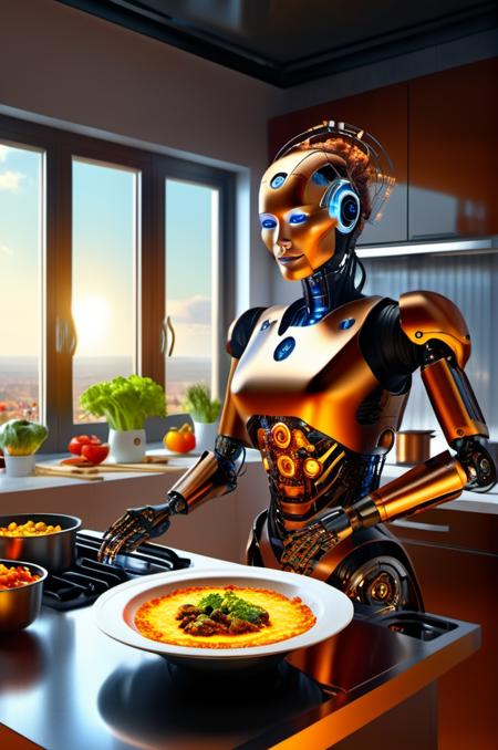 , <lora:DonMCyb3rN3cr0XL:0.8> DonMCyb3rN3cr0XL , techno-witch, cyborg, occultist, A highly detailed mother in her kitchen preparing meal, window sunny day, happy, smiling,