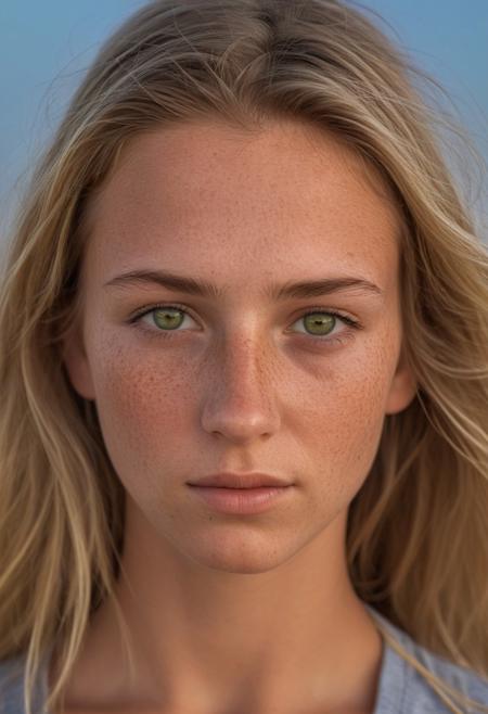 A highly detailed, hyper-realistic photograph of a 20-year-old woman, in a desert beach,  with natural, soft skin. Detailed Brown blonde, green doe-eyes Her skin shows slight imperfections such as faint freckles and gentle expression lines, giving a completely authentic and lived-in look. The lighting is soft and diffused, coming from the sunset rays casting subtle shadows to enhance the skin texture and maintain a natural glow. Captured with a 300mm lens at f/1.8 for shallow depth of field, isolating her face against a softly  ocean background. Natural makeup is minimal, focusing on a fresh and clean appearance. The image highlights the skin's smooth texture while revealing tiny pores and fine hair for an incredibly life-like effect