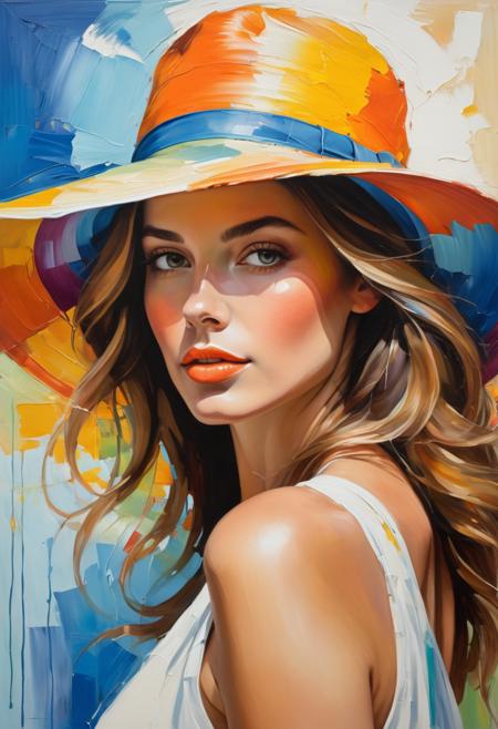 Create an image of a woman with a contemplative expression, wearing a wide-brimmed, multicolored summer hat. Her hair is tousled and windblown, enhancing the dynamic feel of the portrait. The strap of her clothing should display a rainbow of colors, indicating a vibrant and youthful style. The background is to be an abstract, painterly canvas with expressive splashes of orange, yellow, blue, and white, mirroring the color scheme of the hat and adding an artistic, energetic ambiance. The overall image should evoke a sense of movement and summer vibrancy, with a focus on bold colors and a lively expression, front view, Art Brenner, brush strokes, (detailed oil painting), a fine art painting, figurative art, <lora:xl_more_art-full_v1:0.3>