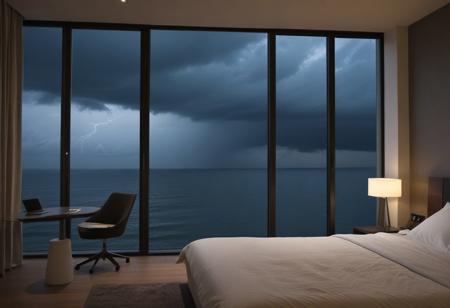 Bedroom, sleek apartment, large windows, sea, beach, thunderstorm outside, dark clouds, evening, lamp light, iMac, coffee