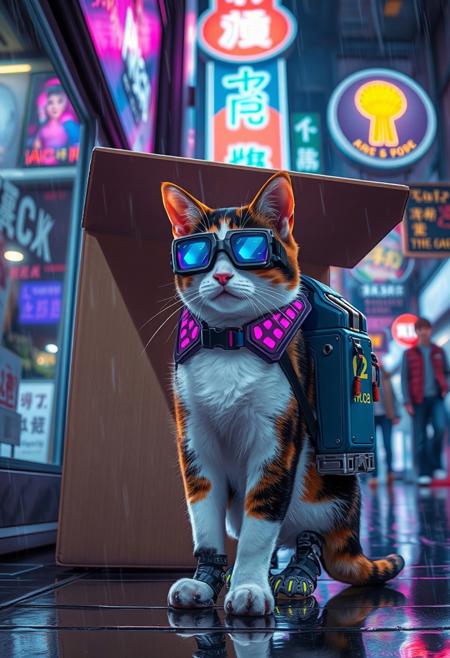 cyberpunk anime, common calico cat wearing a sci-fi future backpack, techno future googles, one mechanic leg with electric lighting, waiting under a cardboard box, intense rain, neon signs and advertising, bokeh, side lighting, people walking