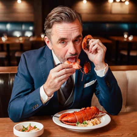 analog gloomy (close up shot) photo of a mature man, <lora:j0rd4np3t3rs0n:1>, (wearing a suit and bib), (eating at a lobster restaurant), magical, High Detail, Sharp focus, realistic, best quality, 8k, award winning, dramatic lighting, epic, cinematic, masterpiece, photography studio, Fujifilm XT3