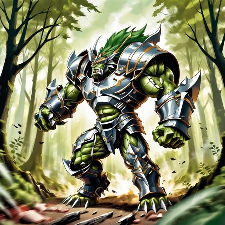 a hulking beast with plate armor and running through a forest,art by asmaria,   <lora:AsMaria_Style_XL_Digimon_Illustrator:0.75>