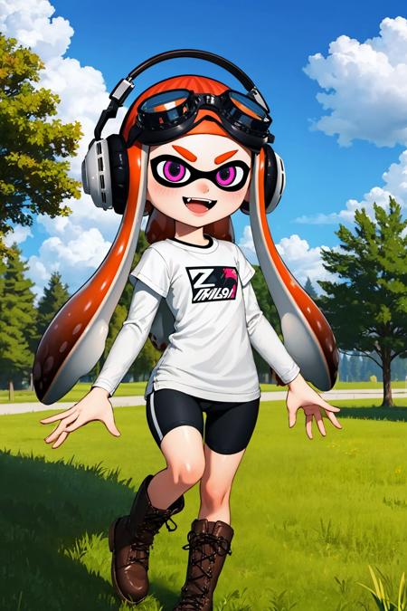 masterpiece, best quality, meggy, inkling, tentacle hair, headphones, goggles on head, white shirt, layered sleeves, spandex shorts, brown boots, furrowed brow, open mouth, smile, fang, looking at viewer, park, trees, grass, sky, clouds, standing <lora:meggy-nvwls-v2-000010:0.7>