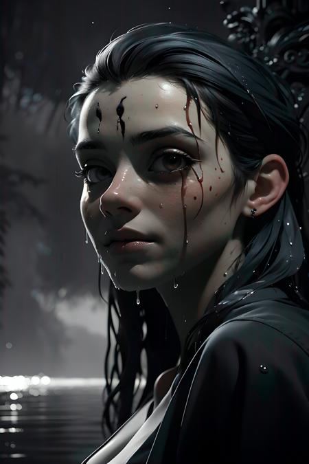 <lyco:death_V1:1.0><lyco:epi_noiseoffset2:1.0>
forest, nature, dark
creepy girl shows her head from the lake, wet hair, detailed face, red eyes, black tears, black patterns on her face, wet skin, fog, cloud, monochrome, death, dark studio
best quality, masterpiece, hdr, photo-realistic, hyper-realistic, perfect detail, hyper-detail, cinematic lighting, dramatic shadows, deep_darkest_V1