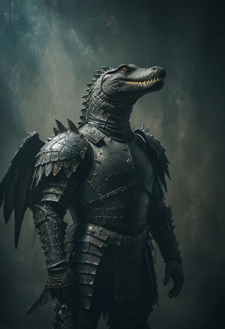 a wild black crocodile in iron armour, large black wings, studio background, high-contrast palette, subtle grain, cinematic quality, modern art photograph, looking at viewer