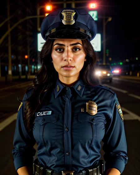 professional portrait photo of a 30-year-old woman, desi, conservatively dressed in NYPD Police uniform, serious expression, solo, anatomically accurate, night time, city bokeh lights   <lora:Desi_Coffee_V3_SD15_LoRA_prodigy_local_regs:1>