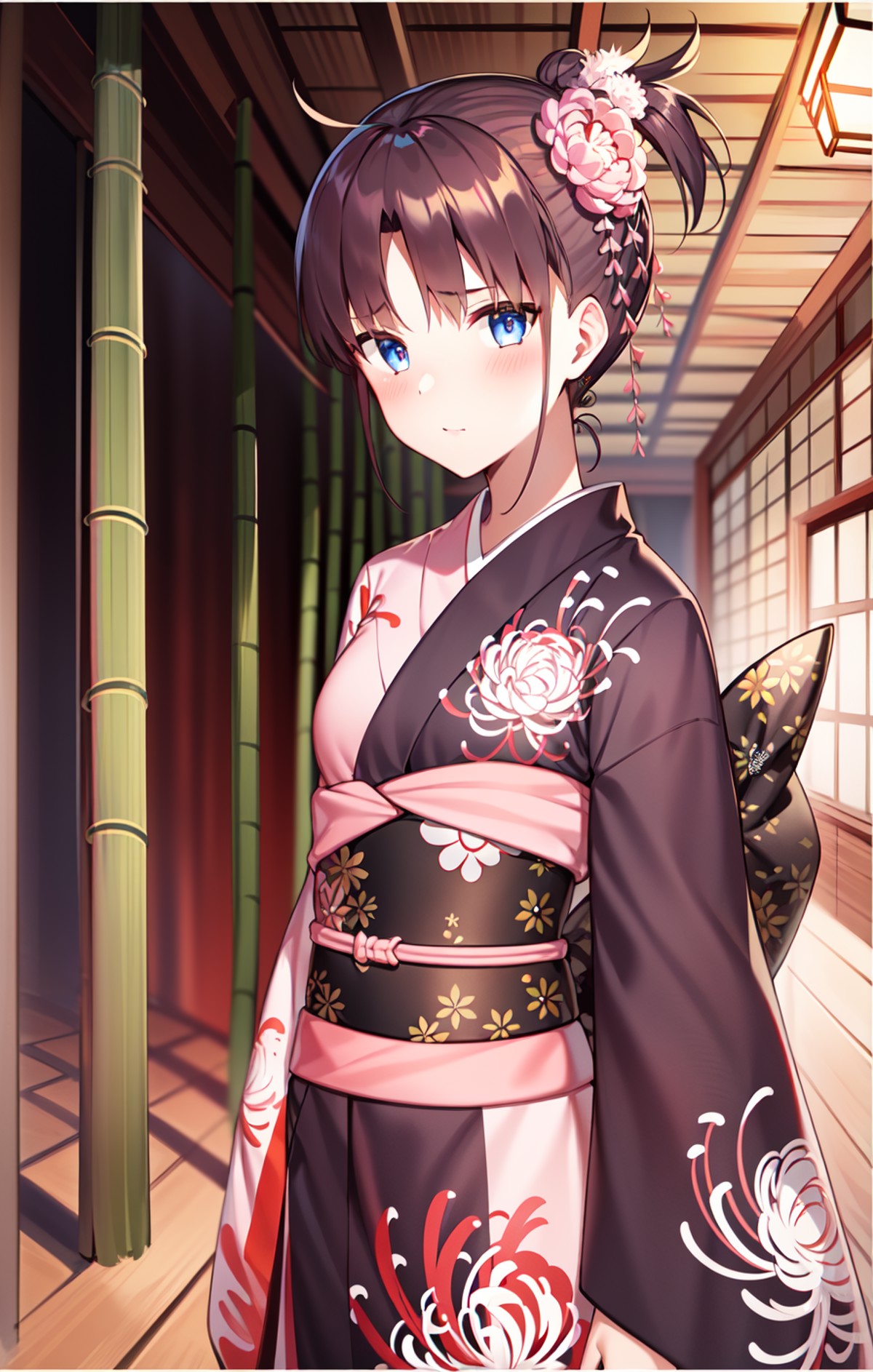 2ndS, AnniversaryCostume, 1girl, solo, bamboo, long hair, spider lily
 <lora:ShikiV1:0.8>
