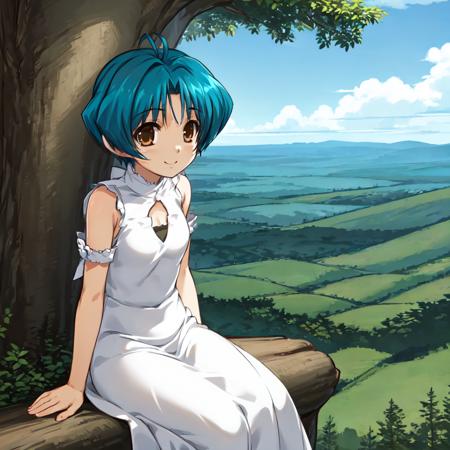 solo, Yoroi Mikoto, brown eyes, blue hair, antenna hair, in a forest, sitting on a tree branch, long dress, smile