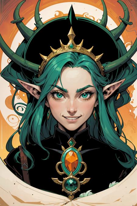 (ultradetailed graphic novel style:1.3), colorful portrait close-up, cute elf evil prince of the wilds with long green hair with imposing headgear, laugh, black portal, antlers behind,grin,orange, abstract decoration,green,medallions,fantasy aesthetic,tiara,complex lighting,(atmosphere), continuity, epic, (flat colors:1.2)