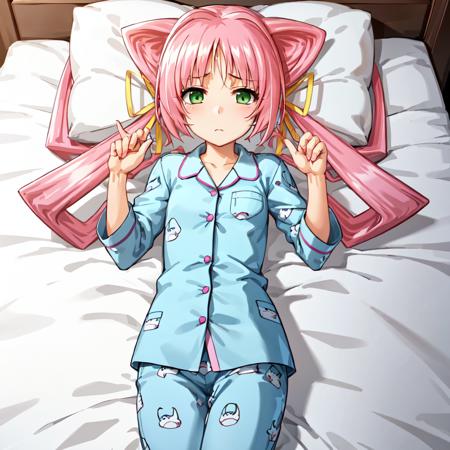 solo, Tamase Miki, green eyes, pink hair, low twintails, lying on bed, sad, pyjamas, hair ribbon