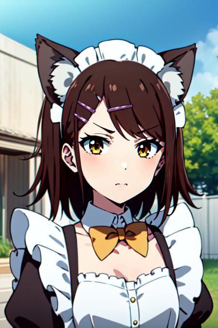 CatAceMaidR4, 1girl, brown hair, brown hair, short hair, hairclip,  maid, animal ears, maid apron,