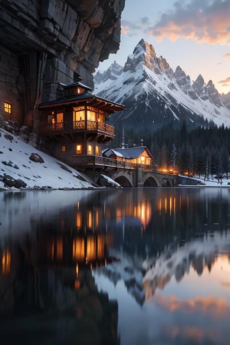 photo, fantastic ski resort building on the top of a high cliff, with gray and orange decoration, smooth lines, the sun is reflected in the mirrored windows,
people walking along a high suspension bridge in the mountains,
Swiss Alps, winter, sunset, full body. Epic cinematic brilliant stunning intricate meticulously detailed dramatic atmospheric maximalist digital matte painting