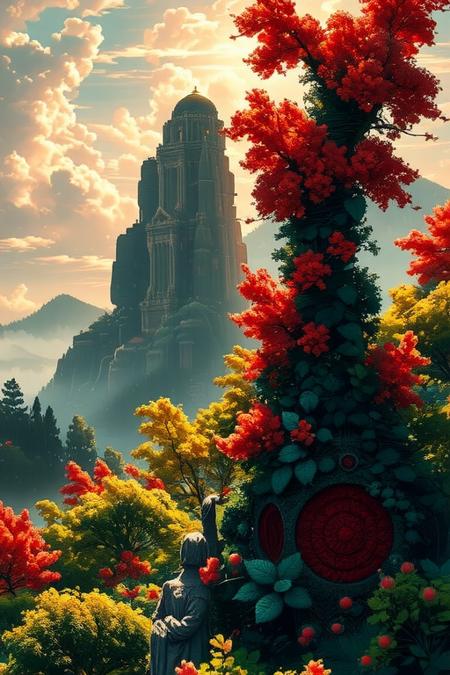 The gorgeous oil painting designed by AI show a palace-level design sense and are pleasing to the eye. The design color is mainly green red purple like spring landscape with early morning sunlight. Midjourney_Whisper