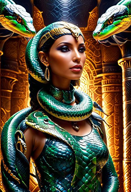 "A beautiful Egyptian lady wrapped by a snake around her neck, glowing under soft, eerie lighting, surrounded by discarded skin, detailed scales, mixed with a high-tech futuristic vibe, surreal and unsettling atmosphere, photorealistic textures." <lora:SDXLFaeTastic2400:0.4> <lora:extremely_detailed:0.4> extremely detailed, <lora:sn4ke:1>,sn4ke, Masterpiece,best quality,hi res,8k,hi res,8k,award winning,(sharp focus, intricate, highly detailed), rating:safe