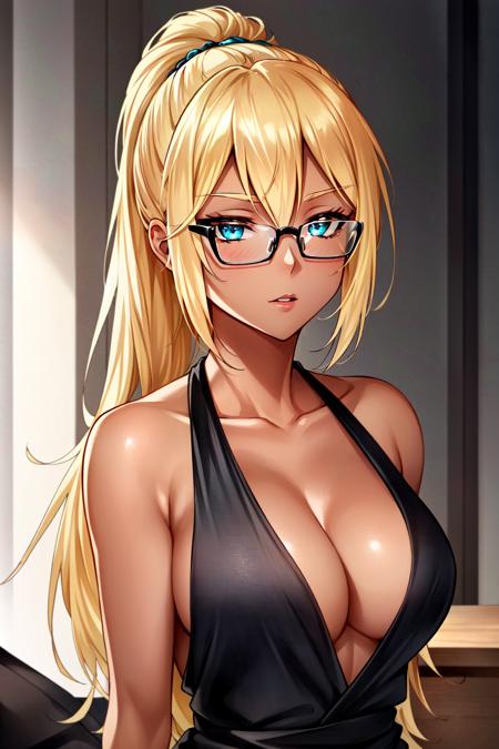 <lora:Ashe:0.4> Ashe, 1girl, solo, blonde hair, glasses, long hair, (formal dress), dark skin, dark-skinned female, aqua eyes, upper body, collarbone, ponytail, perfect lighting, ((shining face, shining body)), perfect face, make up, eye shadow, ((gorgeous)), Extremely beautiful, perfect, (masterpiece:1.2), (best quality:1.2), cinematic, perfect skin, perfect lighting, textured skin, detail, beauty, overall, sharp focus, ultra-detailed, illustration, perfect face, ((gorgeous)), Extremely beautiful, perfect, detailed background, (detailed background, intricate background:1.1), beautiful, ((Extremely Detailed)), ((Best Quality)), ((Masterpiece)), ((4k)), ((Shonen Anime Style))