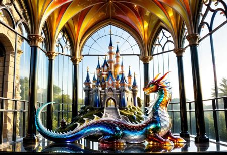 masterpiece, best quality, whimsical, murano_glass_style, enchanting fairytale scene with castles and characters made of multicolored Murano glass, sunlight creating a magical glow, vibrant glass reflections, set in a fantastical kingdom environment, a glass dragon perched atop a glass tower, nearby a glass princess gazing out from a glass balcony, intricate glass gardens and bridges surrounding the castle, the entire realm aglow with colorful reflections, a magical and captivating atmosphere, emphasizing the artistic mastery and detail of Murano glass craftsmanship