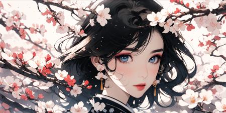 (masterpiece:1.2), best quality,PIXIV, Chinese ink painting,ink wash painting, 
solo, branch, black hair, 1girl, eyelashes, eyeshadow, cherry blossoms, looking at viewer, portrait, blue eyes, makeup, flower, close-up, covered mouth, dappled sunlight, pink flower, bangs, short hair, eyeliner, petals
 <lora:Chinese ink painting_20230725110925-000018:0.9>