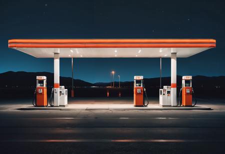 a gas station in a dark night sky, in the style of clemens ascher, reflections, light white and light red, petrina hicks, hyper-realistic water, light black and orange