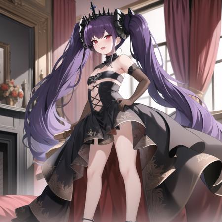 sfw,(hyper extreme detailed),(masterpeace),(best quality),(hyper extreme),CG,indoors,bedroom,1girl, standing, <lora:Felix_Schultz:1>Felix_Schultz,purple hair,twintails,tiara,red eyes, black dress,long skirt,elbow gloves,high heels, petite,