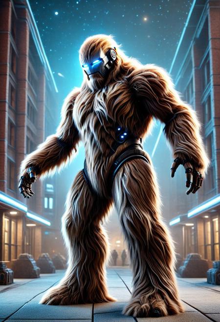 dynamic pose, low light, night time, robot, android, covered in fur, made of w00kiee, science fiction. sci-fi, architecture, outdoors, dynamic composition, absurdres, high quality, masterpiece