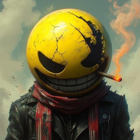 n1t3_du5t, The image is a highly detailed, digital artwork depicting a menacing, stylized, cracked yellow smiley face with an exaggerated, unsettling grin. The smiley face has a cracked, weathered surface with visible fissures and a torn, ragged edge on the right side. The eyes are completely closed except for a small slit, giving it an ominous appearance. The face is wearing a torn, ragged black jacket with a red and white striped scarf draped over its shoulders, hinting at a punk or rebellious theme. A cigarette hangs from its mouth, emitting a puff of smoke that drifts lazily upwards, with the tip glowing orange.