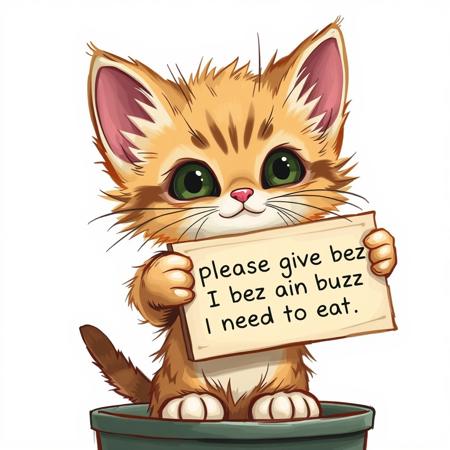 A kitten holding a sign that says "please give me buzz I need to eat " He is a beggar and lives in the garbage